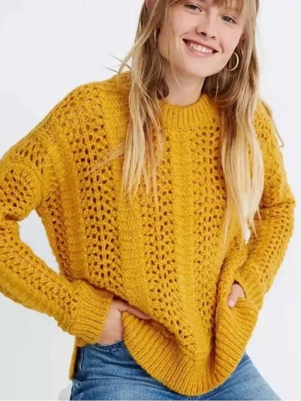 MADEWELL WINDERMERE POINTELLE KNIT MUSTARD SWEATER SIZE